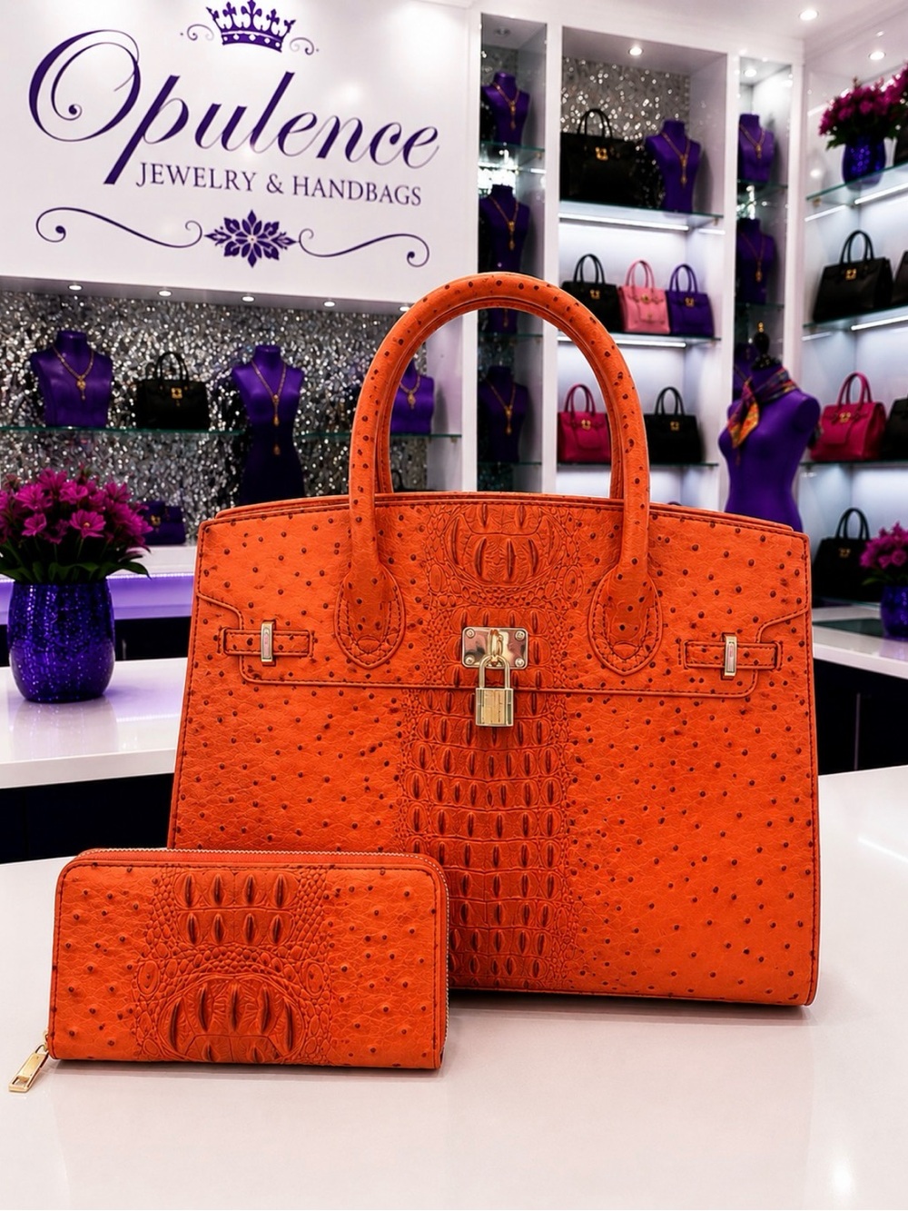 Burnt Orange Ostrich-Texture Tote & Wallet Set
